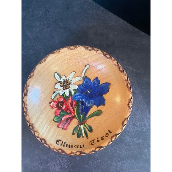 Vintage Ellmau Tirol Hand Painted Wood Bowl Alpine Flowers Edelweiss Austria - Picture 3 of 6